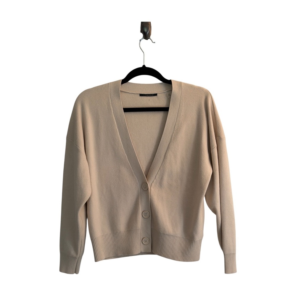 T Tahari Cardigan Beige S Women V-Neck Button‎ Front Knit Ribbed Trim Office